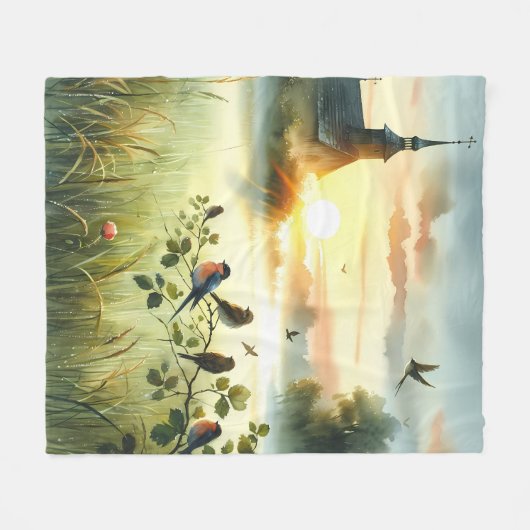 Sunrise Church with Birds in Misty Meadow No Verse Fleecedecke (Vorderseite (Horizontal))