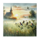 Sunrise Church with Birds in Misty Meadow No Verse Fliese (Vorderseite)