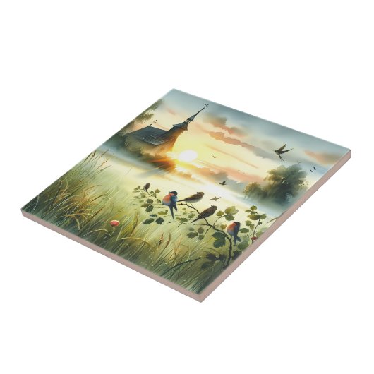 Sunrise Church with Birds in Misty Meadow No Verse Fliese (Seite)