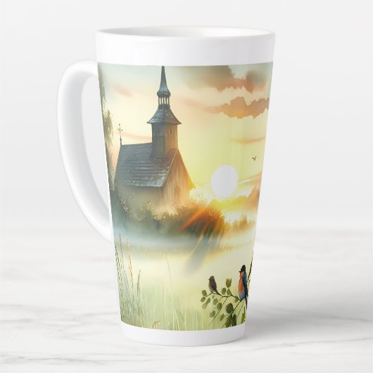 Sunrise Church with Birds in Misty Meadow No Verse Milchtasse (Linke Ecke)