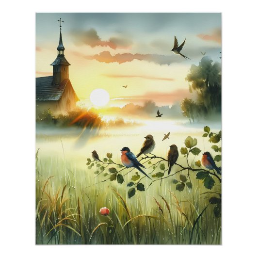 Sunrise Church with Birds in Misty Meadow No Verse Poster (Vorderseite)