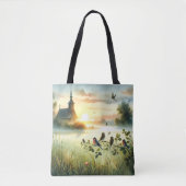 Sunrise Church with Birds in Misty Meadow No Verse Tasche (Vorderseite)