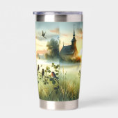 Sunrise Church with Birds in Misty Meadow No Verse Thermobecher (Rechts)