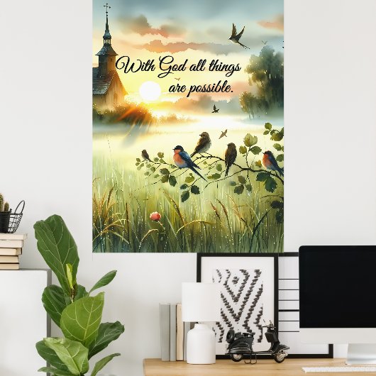 Sunrise Church with Birds in Misty Meadow Poster (Heimbüro)