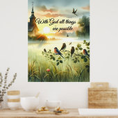 Sunrise Church with Birds in Misty Meadow Poster (Küche)