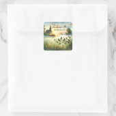 Sunrise Church with Birds in Misty Meadow Quadratischer Aufkleber (Tasche)