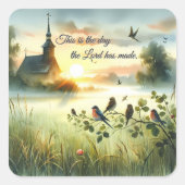 Sunrise Church with Birds in Misty Meadow Quadratischer Aufkleber (Vorderseite)