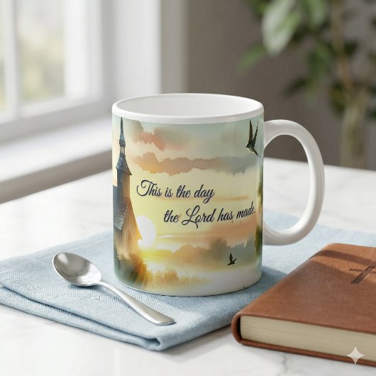 Sunrise Church with Birds in Misty Meadow Text Kaffeetasse