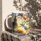 Sunrise Church with Birds in Misty Meadow Text Kaffeetasse