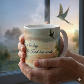 Sunrise Church with Birds in Misty Meadow Text Kaffeetasse