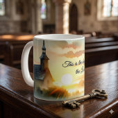 Sunrise Church with Birds in Misty Meadow Text Kaffeetasse