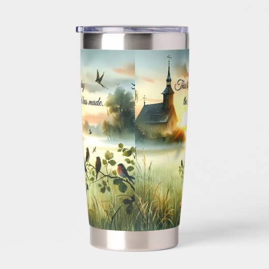 Sunrise Church with Birds in Misty Meadow Thermobecher (Rechts)