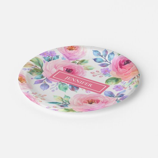 Sunrise Floral Boho Custom Name Design             Pappteller (Schrägansicht)