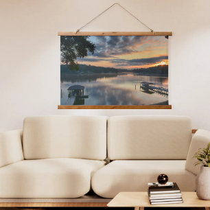 Sunrise Lake View Landschaftliches Ufer Fotografis Wandteppich Mit Holzrahmen