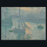 Sunrise (Marine) von Claude Monet Seidenpapier<br><div class="desc">In der gedämpften Palette der sich abzeichnenden Morgendämmerung porträtierte Claude Monet den Industriehafen Le Havre an der Nordküste Frankreichs. Die brillante Orange der aufgehenden Sonne strahlt inmitten der feuchten Luft und tanzt auf dem sanften, rippelnden Wasser und beleuchtet seine unglaubliche Blues und Grüntöne. Durch einen coolen Dunst kaum erkennbar, packen...</div>