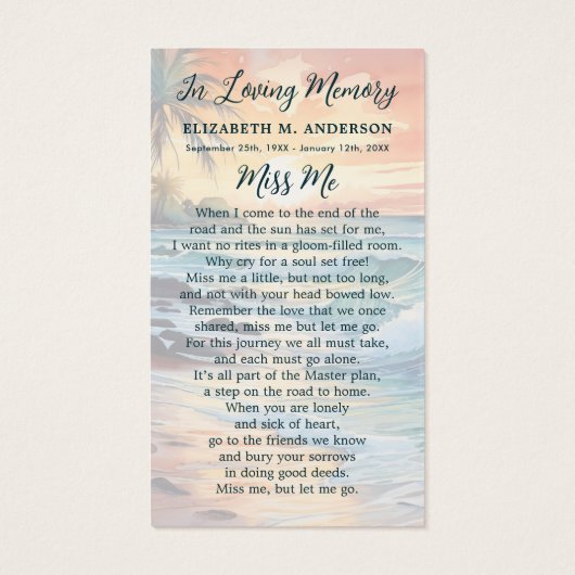 Sunrise Ocean Memorial Moderne Beerdigungskarte (Rückseite)