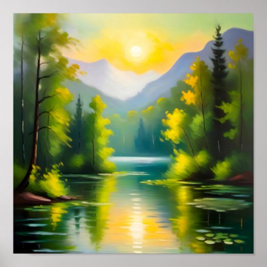 Sunrise over snow covered mountains and lake poster (Vorne)