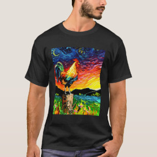 Sunrise Rooster Starry Night Farm Landschaft by Aj T-Shirt
