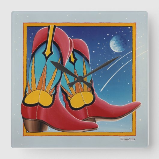 Sunrise Sunset Western COWBOY BOOT WALL CLOCK Quadratische Wanduhr (Vorderseite)