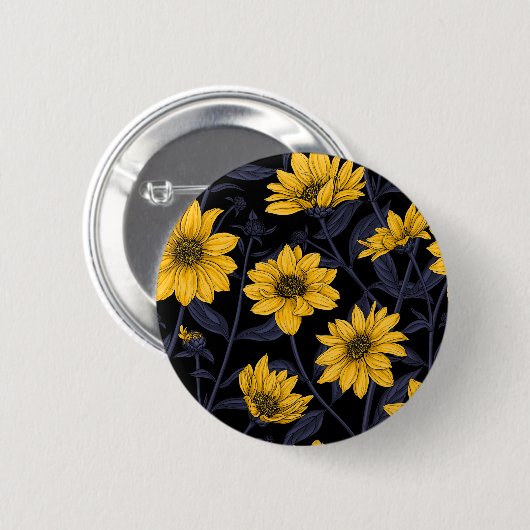 Sunroot, wilde Sonnenblumen in Gelb und Blau Button (Vorne & Hinten)