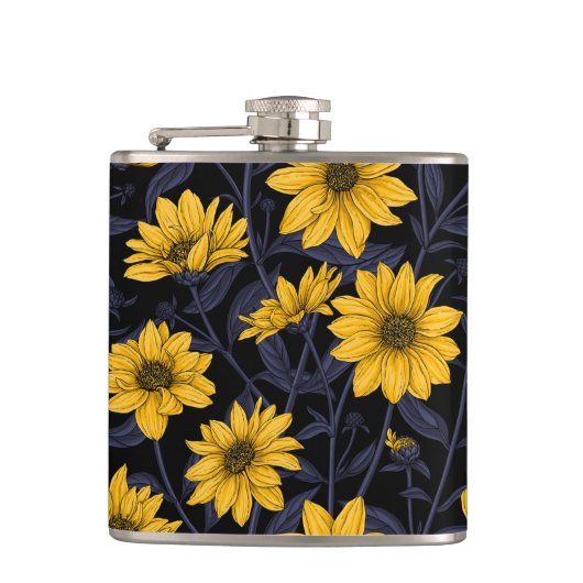 Sunroot, wilde Sonnenblumen in Gelb und Blau Flachmann (Vorderseite)