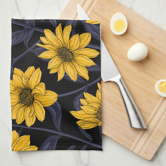 Sunroot, wilde Sonnenblumen in Gelb und Blau Geschirrtuch (Viertel Falte)