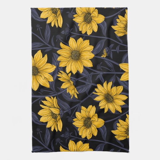 Sunroot, wilde Sonnenblumen in Gelb und Blau Geschirrtuch (Vertikal)