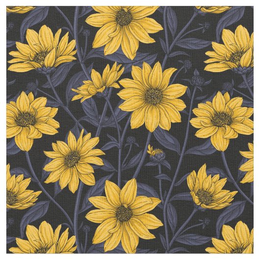 Sunroot, wilde Sonnenblumen in Gelb und Blau Stoff (Nahaufnahme)