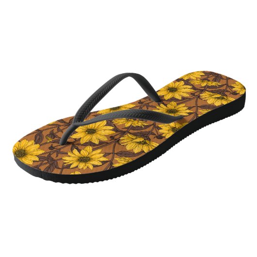 Sunroot, wilde Sonnenblumen in Gelb und Braun Badesandalen (Schrägansicht)