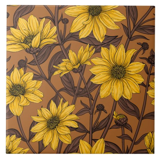 Sunroot, wilde Sonnenblumen in Gelb und Braun Fliese (Vorderseite)
