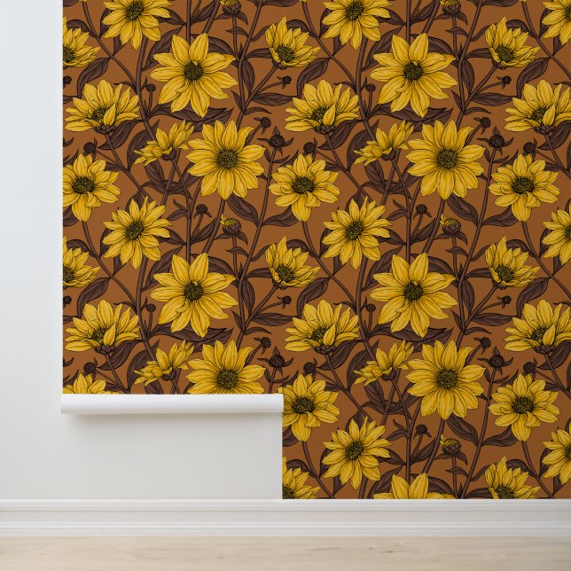 Sunroot, wilde Sonnenblumen in Gelb und Braun Tapete (Anwendung)