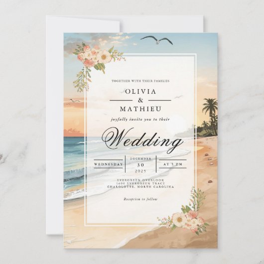 Sunset Beach Bloom Romance Hochzeit Einladung (Vorderseite)