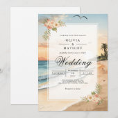 Sunset Beach Bloom Romance Hochzeit Einladung (Vorne/Hinten)