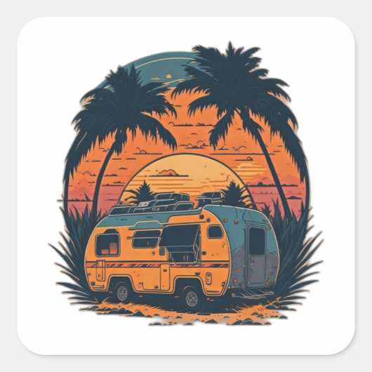 Sunset Beach Caravan Quadratischer Aufkleber (Vorderseite)