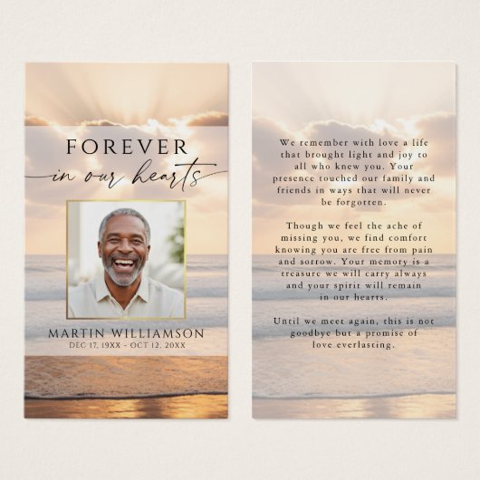 Sunset Beach Forever In Hearts Photo Prayer Card (Vorne & Hinten)