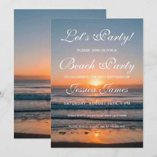 Sunset Beach Geburtstagsparty Einladung (Vorne/Hinten)