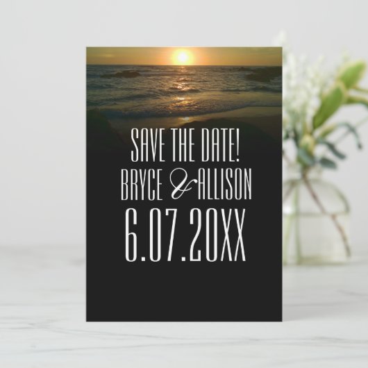 Sunset Beach Hochzeit Save the Date (Stehend Vorderseite)