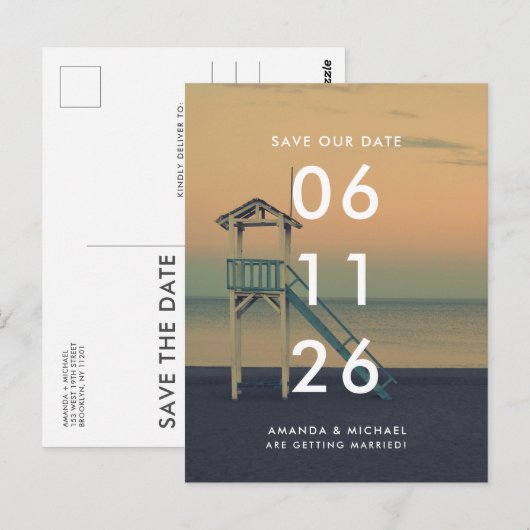 Sunset Beach Hochzeit Save the Date Postkarte (Vorne/Hinten)