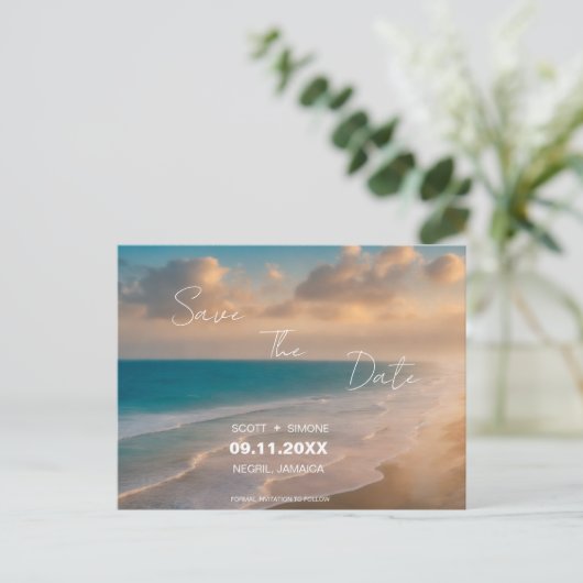 Sunset Beach Hochzeit Save the Date Postkarte (Stehend Vorderseite)