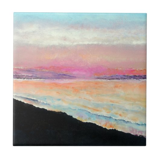 Sunset Beach Lake Pink Blue Painting Fliese (Vorderseite)