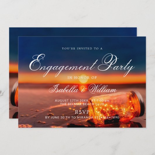 Sunset Beach Mason Jar Blue Night Engagement Party Einladung (Vorne/Hinten)