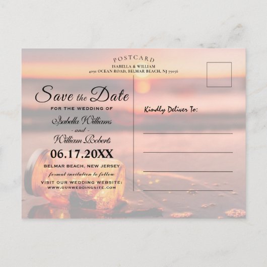 Sunset Beach Mason Jar Blue Night Save the Date Ankündigungspostkarte (Rückseite)