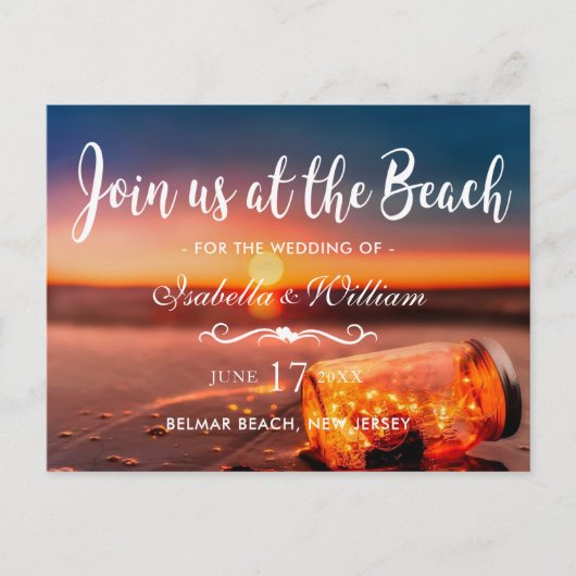 Sunset Beach Mason Jar Blue Night Save the Date Ankündigungspostkarte (Vorderseite)