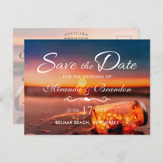 Sunset Beach Mason Jar Blue Night Save the Date Ankündigungspostkarte (Vorne/Hinten)