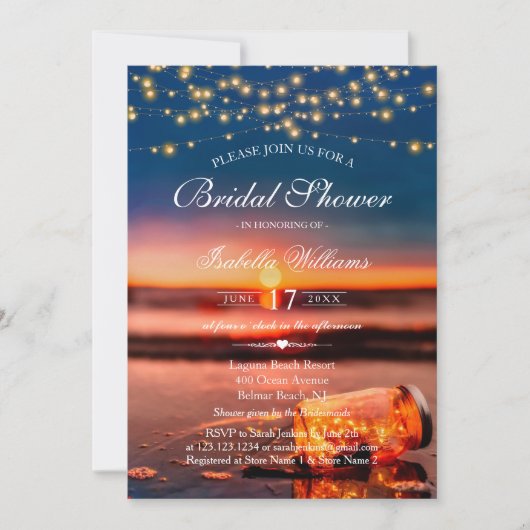 Sunset Beach Mason Jar String Lights Brautparty Einladung (Vorderseite)