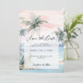 Sunset Beach Palmen Save the Date Karte (Stehend Vorderseite)