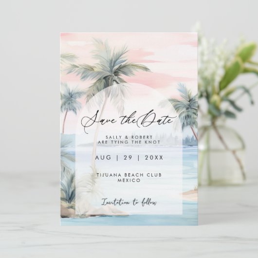 Sunset Beach Palmen Save the Date Karte (Stehend Vorderseite)