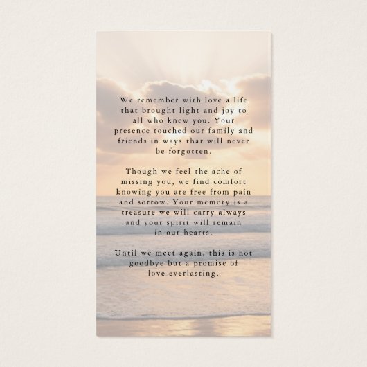 Sunset Beach Photo Forever In Hearts Prayer Card (Rückseite)
