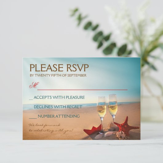 Sunset Beach Romantic Wedding RSVP (Stehend Vorderseite)