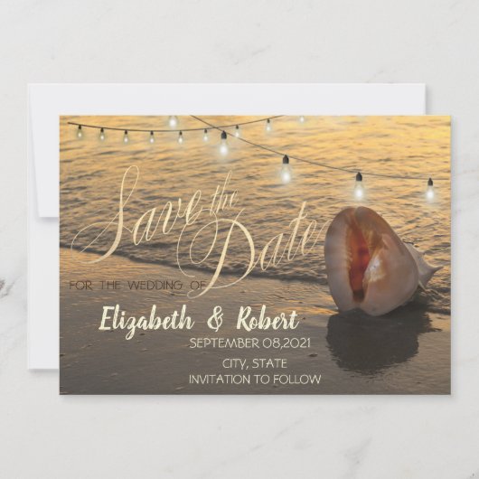 Sunset Beach Seashell String Light Save the Date (Vorderseite)